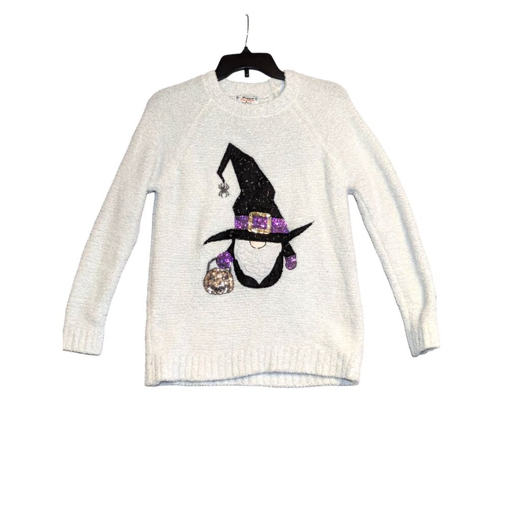 Poof Womens Halloween Sweater Gnome Witch Design & Sequin Accents Small